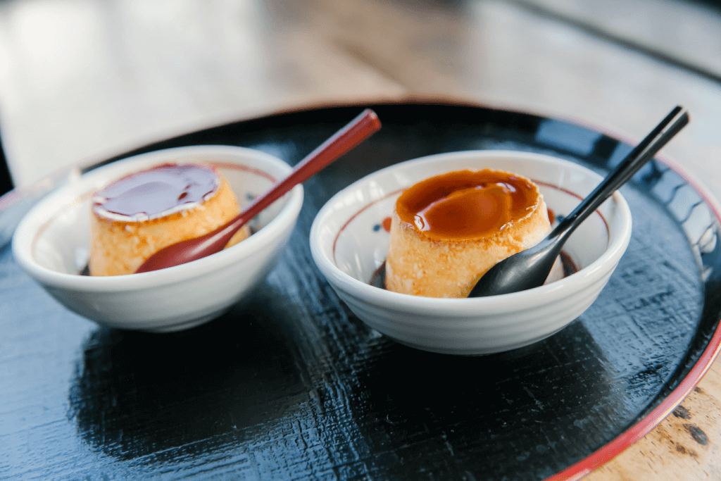 Two dishes of Japanese pudding.