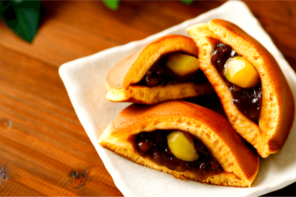 A plate of chestnut and and anko paste filled dorayaki.