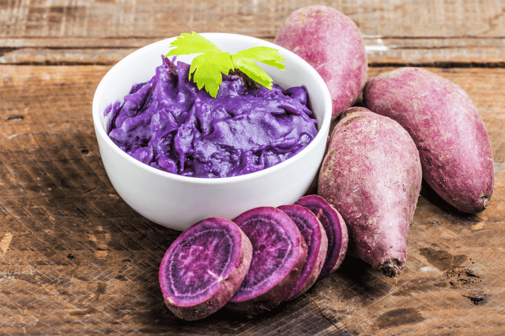 A bowl of mashed purple sweet potatoes.