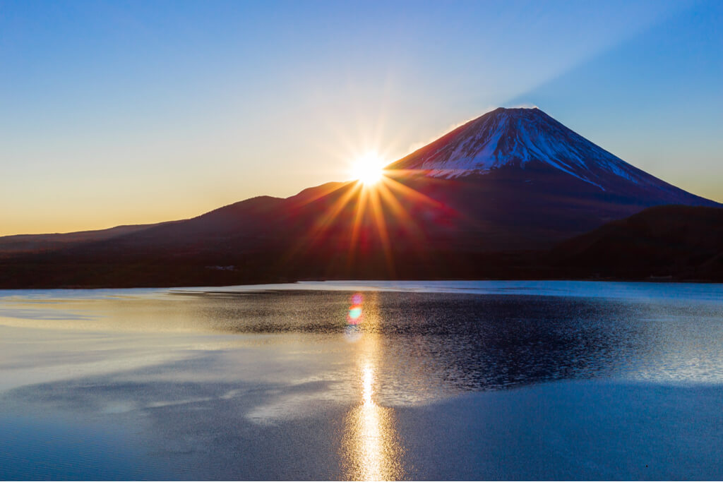 A shot of Mt. Fuji from the other side of the lake behind it with the sun rising over it