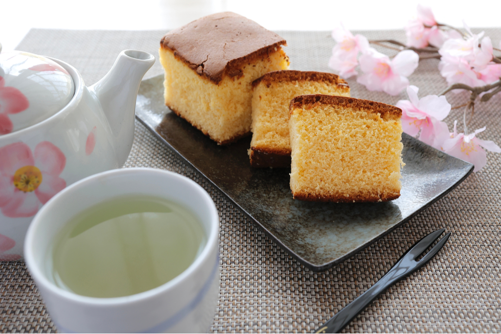A plate of Castella cake, which originally came from Nagasaki, Japan.