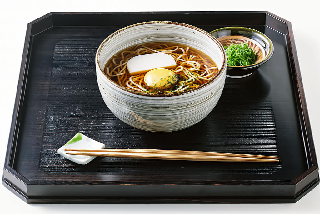 A bowl of Japanese moon viewing soba with an egg and fish paste on top with a bowl of green onion in the background, on a black tray with chopsticks and a chopstick holder in front