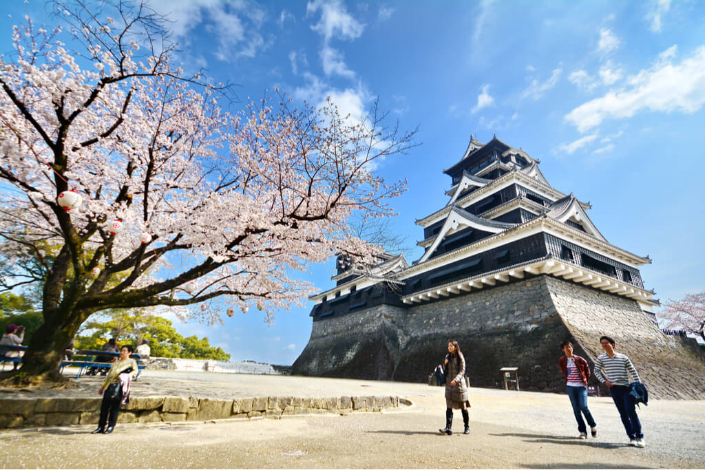 Kumamoto Castle, a symbol of Kyushu culture, sits behind a group of people walking and a cherry blossom tree