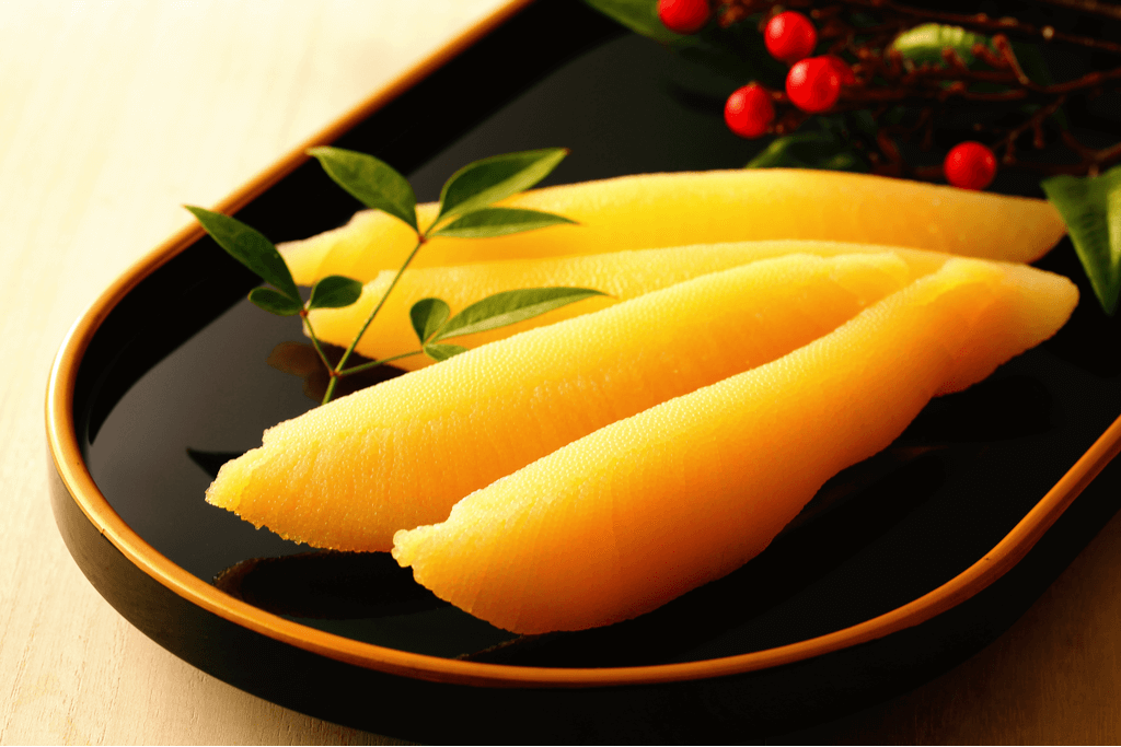 A picture of yellow herring roe, or kazunoko.