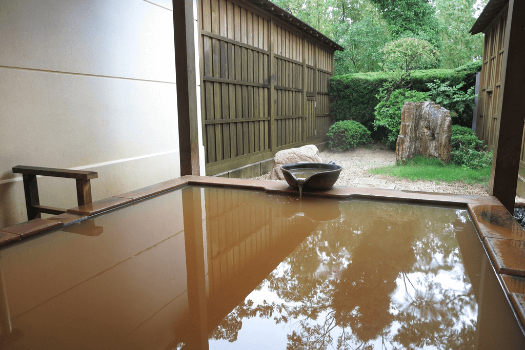 A hot spring bath in the town of Arima, a popular Japanese onsen town, with reddish-brown water and a lot of nature in the background.