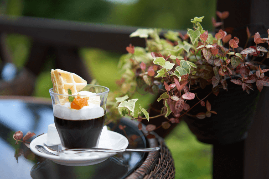 A cup of Japanese coffee jelly on a plate topped with whipped cream and a piece of waffle on a table next to a plant.