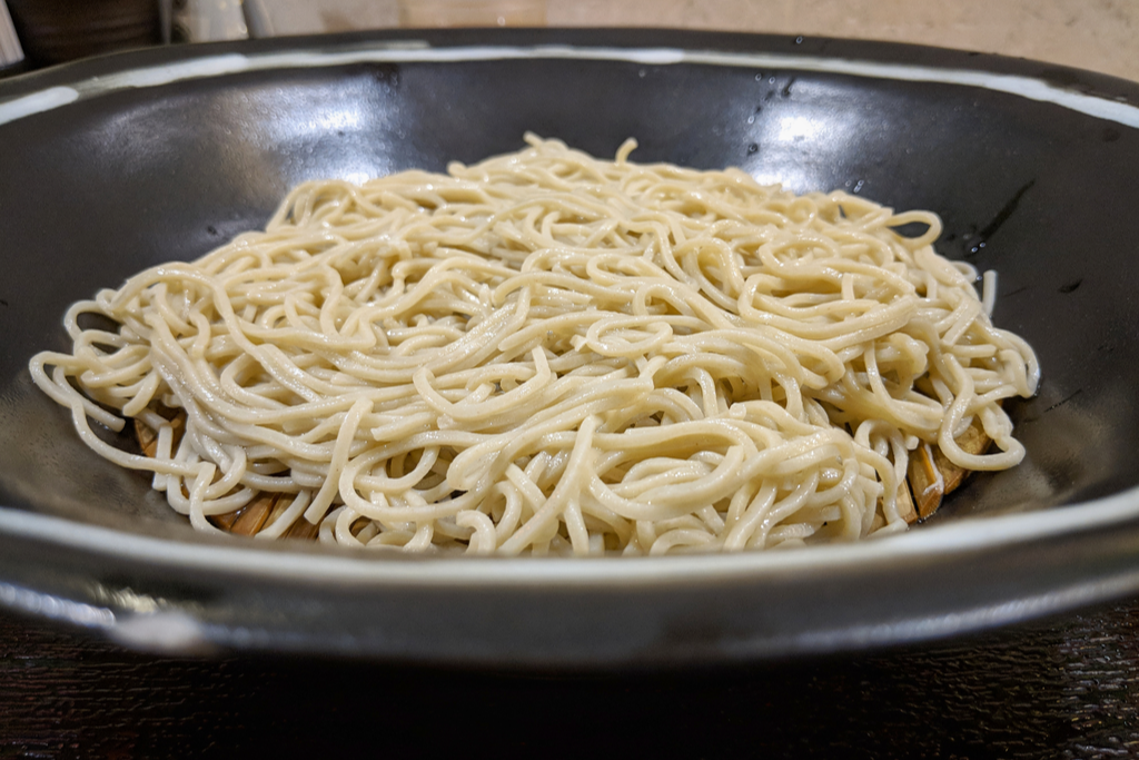 A simple bowl of plain soba noodles.