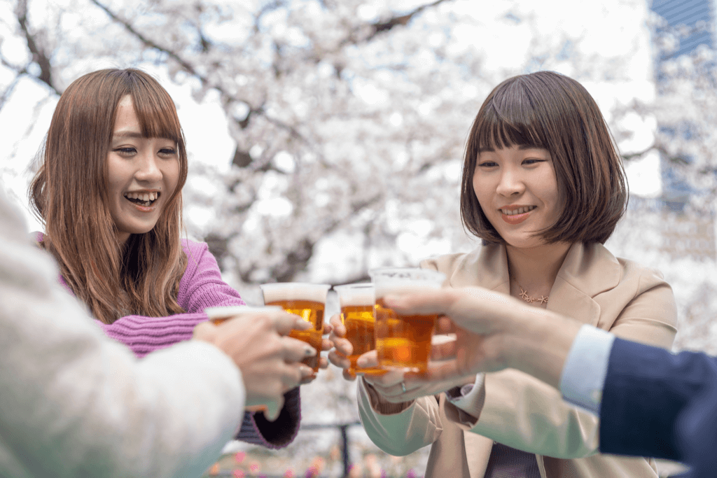 Four people cheers cups of beer at one of Japan's Hanami Festivals as they smile. 