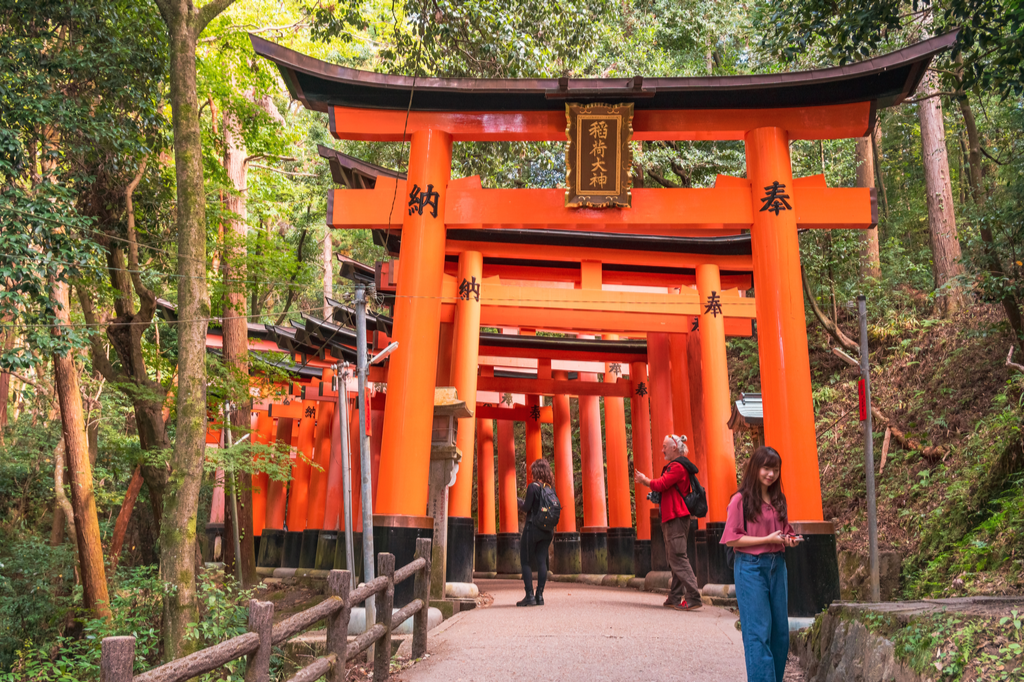 A series of Torii gates leading to the Japanese Shinto shrines on a mountain in Kyoto, Japan.