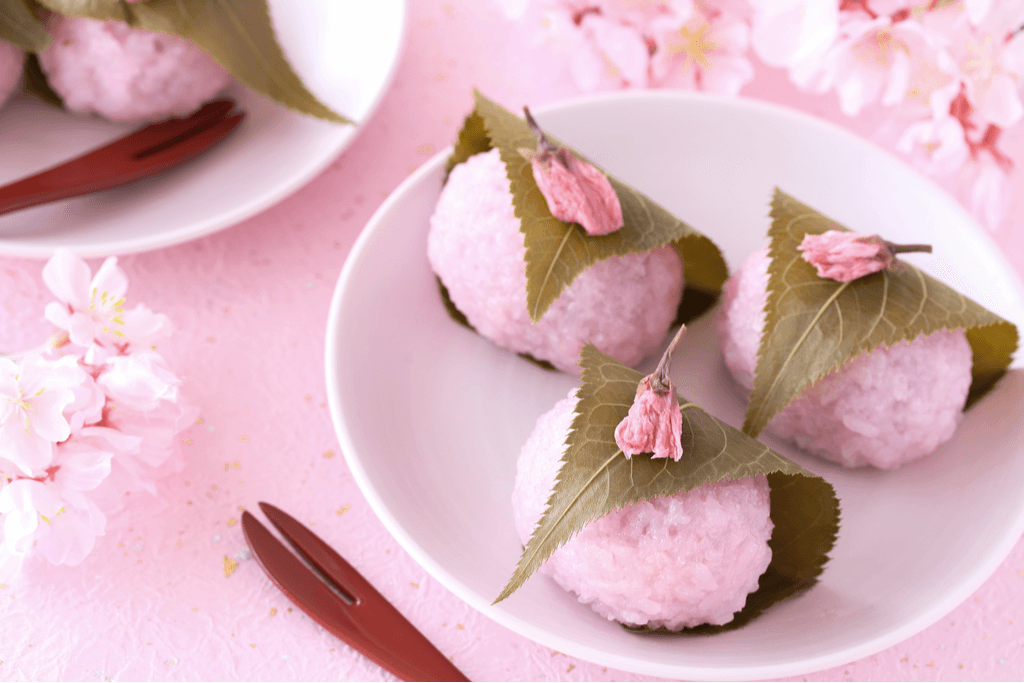 Three pieces of sakura mochi, a common snack for Hinamatsuri, sits in a leaf with dried sakura on top on a plate among cherry blossoms.
