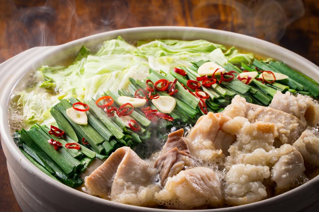 A bowl of motsu nabe, which features pork or beef tripe.