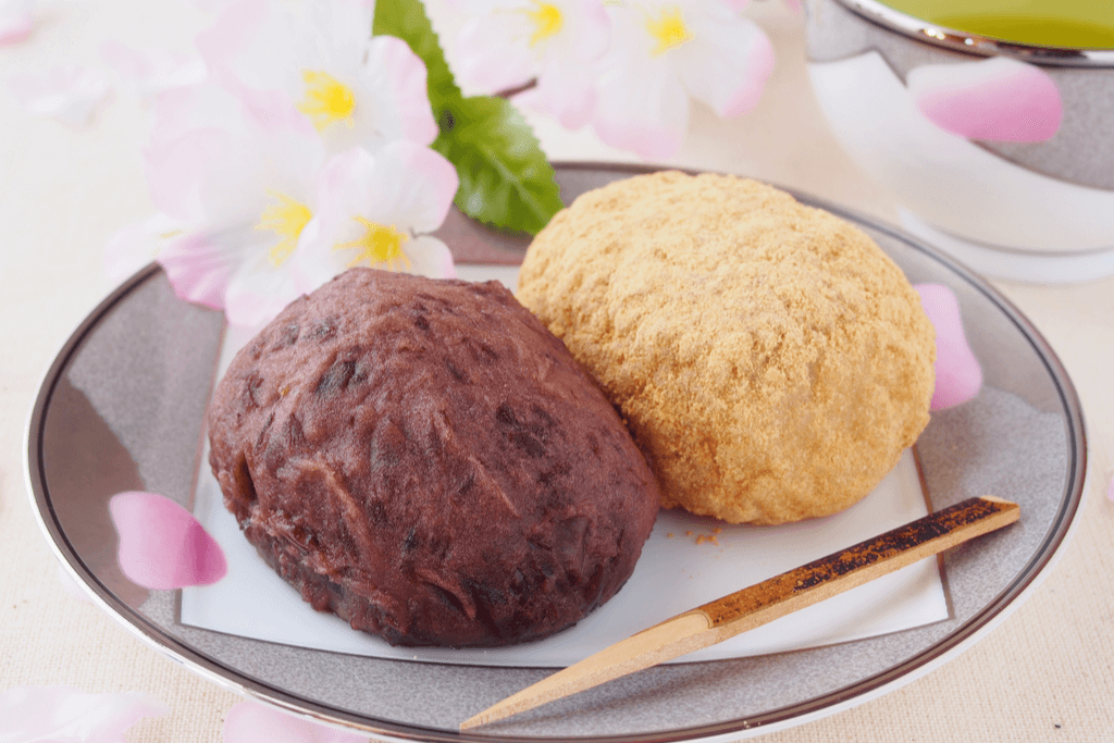 Two pieces of Ohagi, one of the mochi foods eaten during the Ohagan holiday, with mochi wrapped around red bean paste and another with a soybean powder coating.