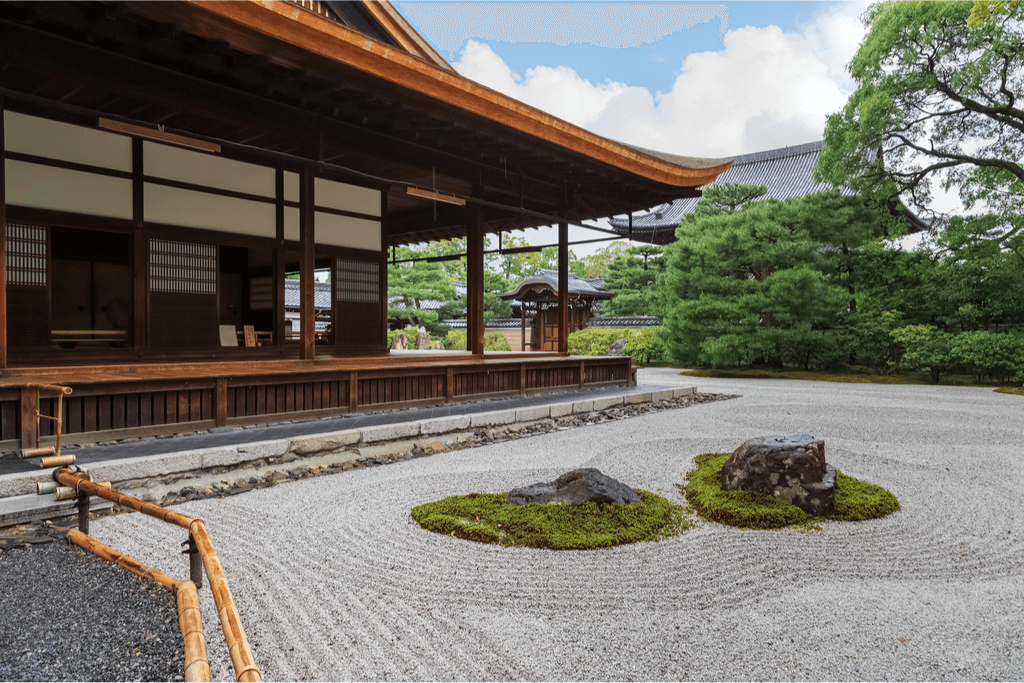 The Kennin-ji Zen Buddhist Temple in Kyoto outer shrine with a rock garden surrounding it 