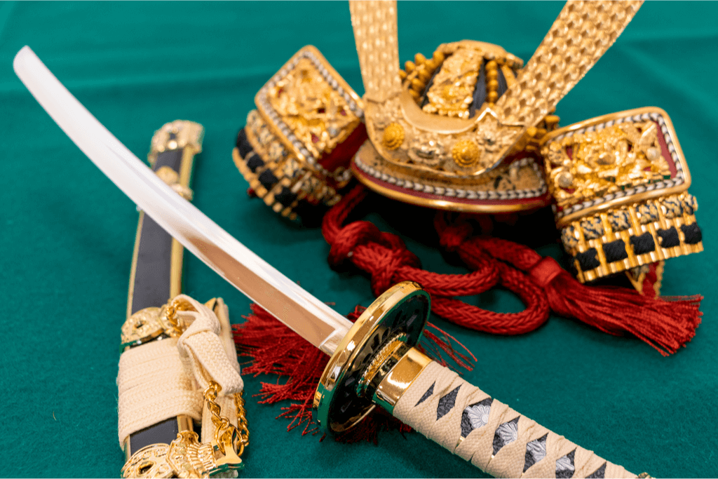A photograph of ornate golden samurai armor.