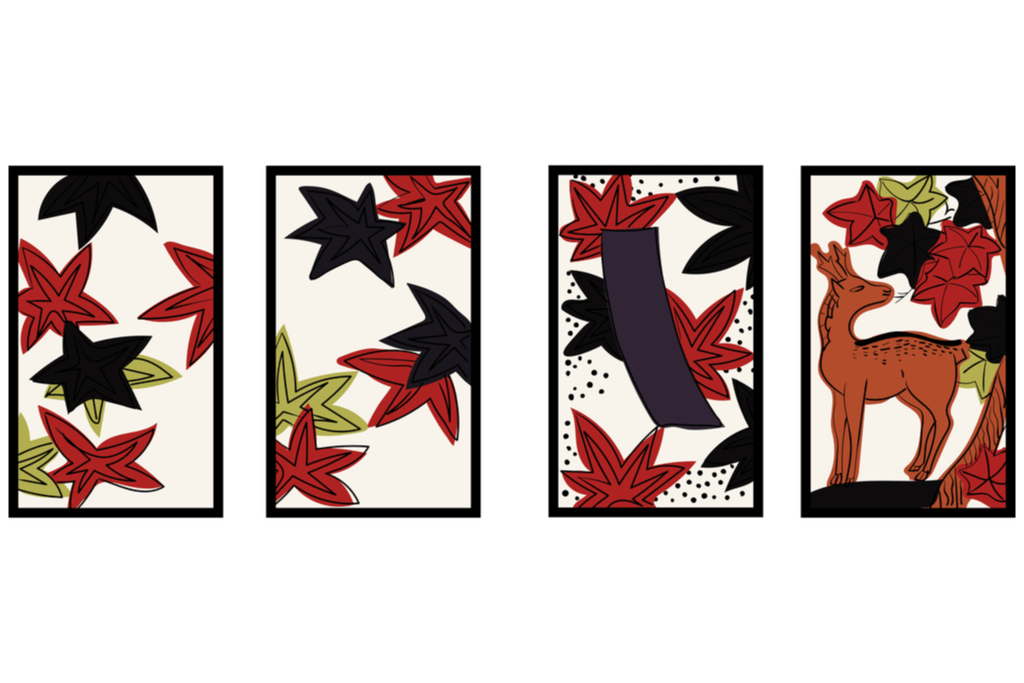 A suit of four hanafuda cards. The first three cards show autumn leaves of red, yellow and or puple. the final picture shows a deer. These are traditional Japanese playing cards.