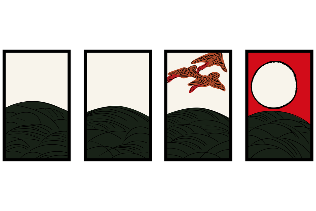 A photo of four playing cards. First picture is a hill. Second picture is a different patterned hill. Third picture is a hill under red leaf tree. Fourth and ifnal pciture is of a hill, under a red sky and a white sun.