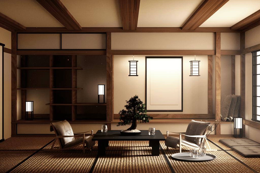 A lovely stock photo of some Japanese home decor, including low chairs, low tables and a shoji screen.