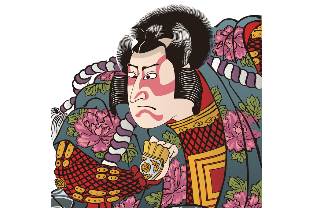 A woodblock print of a kabuki actor, who is playing the rough and rowdy hero with intense face paint.