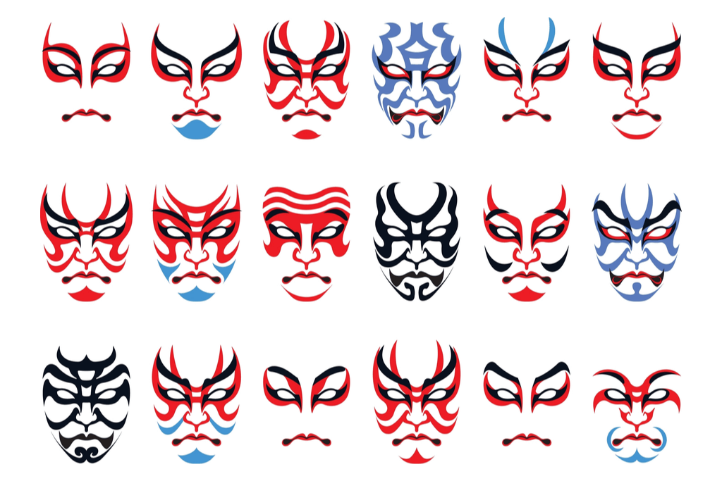 A five-by-three spread of different types of kabuki makeup, also known as kumadori. It ranges from red and blue, all the way to black.