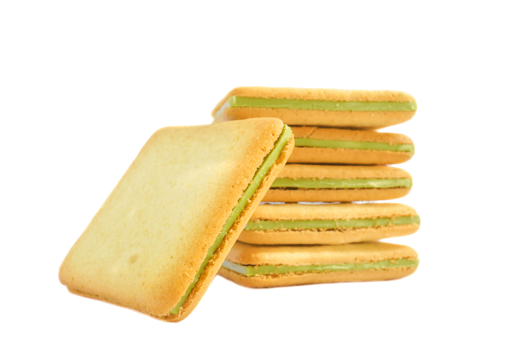 A stack of cha no ka cookies, which are thin, wafer-like cookie sandwiches with a matcha chocolate filling.