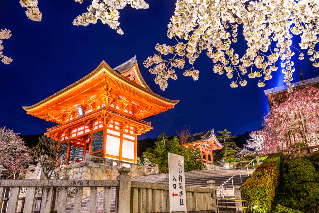 A night time sthot of Kyoto's Yasaka Jinja Shrine.
