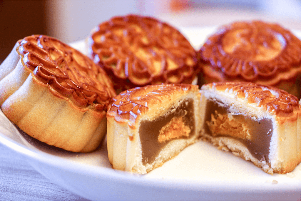 A close-up photo of Chinese mooncakes, which was the precursor to Japanese tsukimi dango.