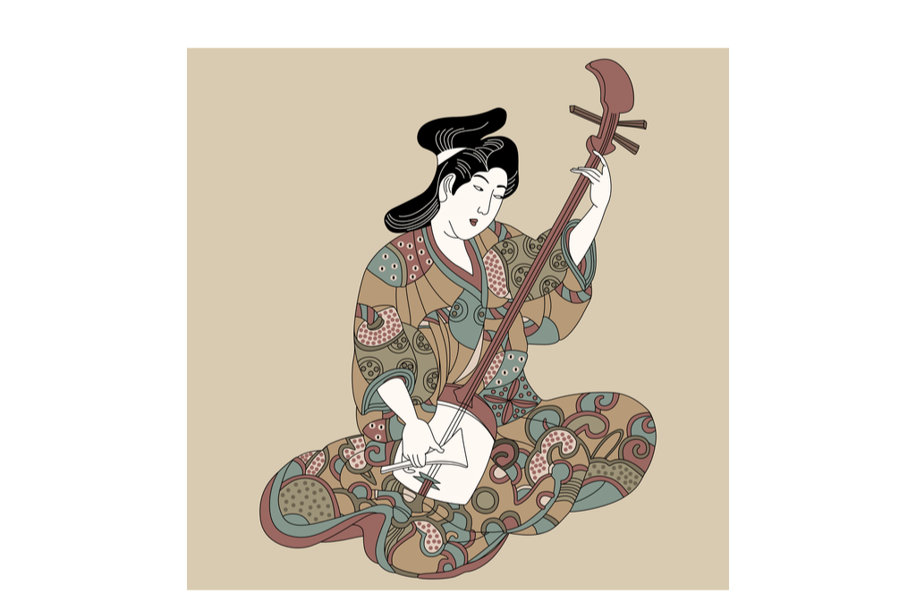 A young Edo period woman playing the shamisen.