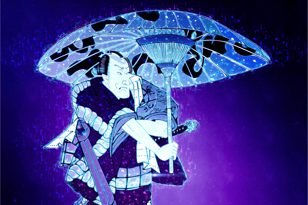 A woodblock scene of a noble holding an umbrella, with a purple filter.