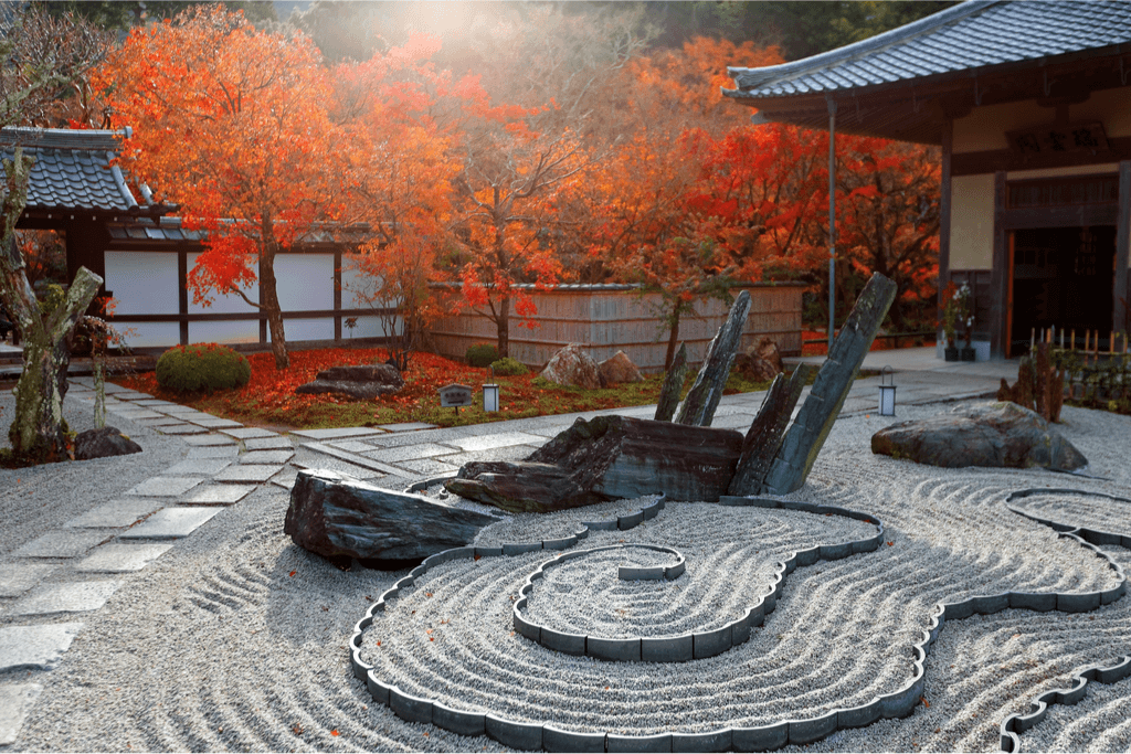 A photograph of a Zen rock garden in the autumn.
