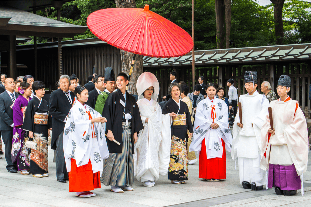 A traditional Shinto wedding procession in Japan.