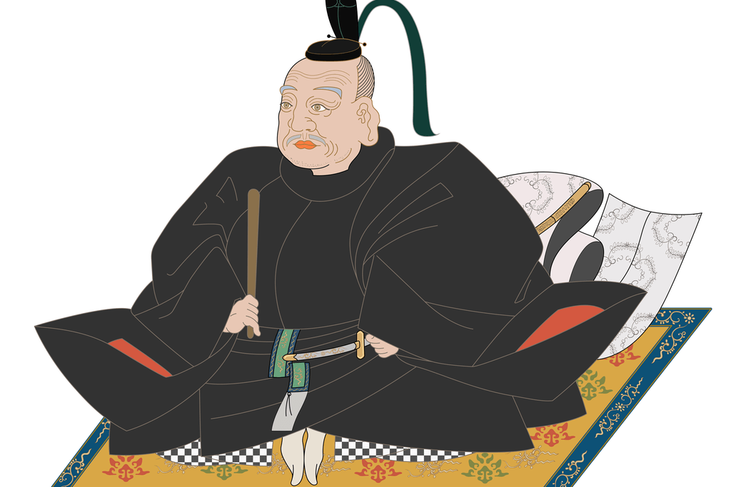 A portrait of an elderly Tokugawa Ieyasu in formal black garb.