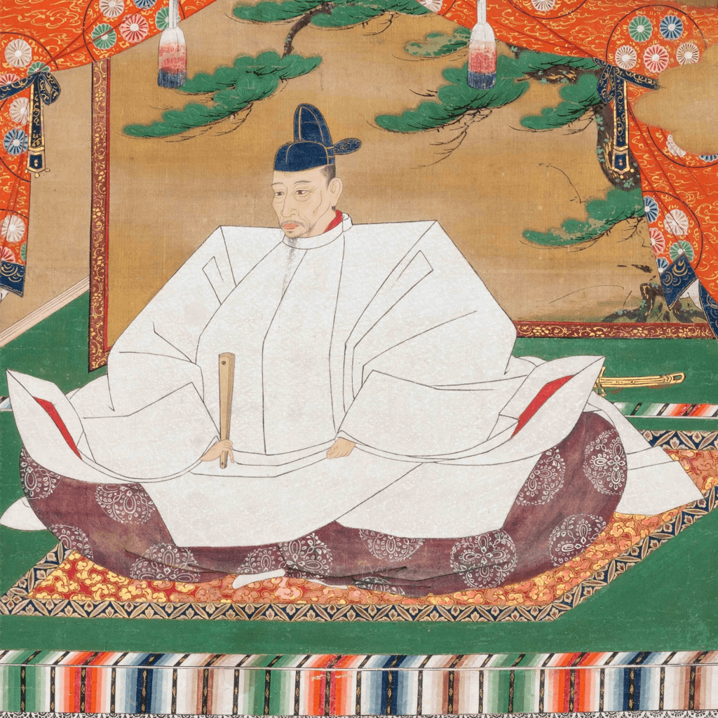 A portrait of Toyotomi Hideyoshi in formal white garb.