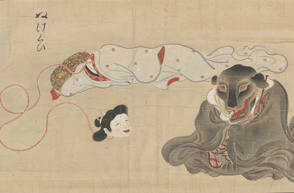 A painting of rokurokubi, a long necked yokai woman who's head is floating over to another obake.