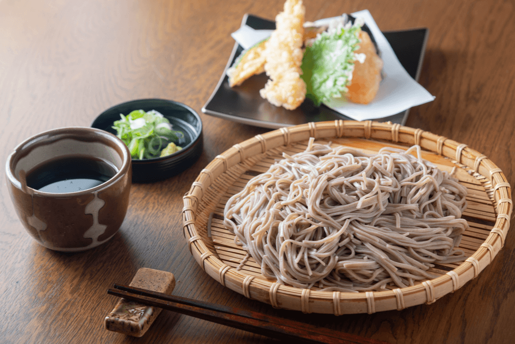 A bowl of buckwheat soba with tsuyu on the side.  You should pick some up if you ever find yourself in Mito, Ibaraki!