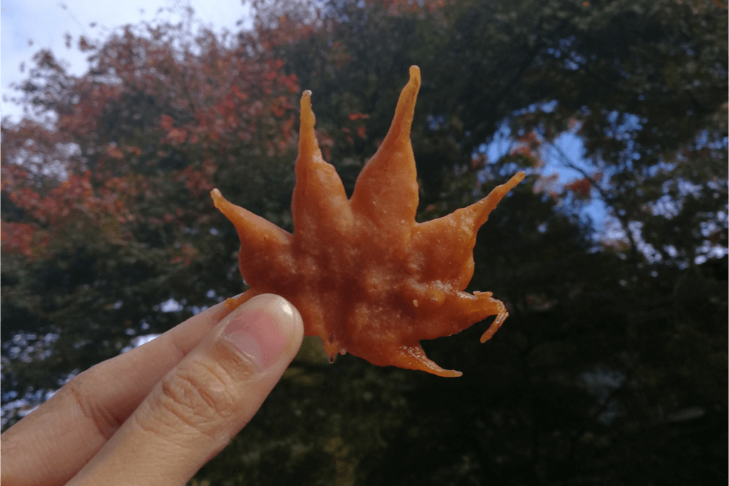 Someone holding up deep-fried maple leaf in teh sunlight.