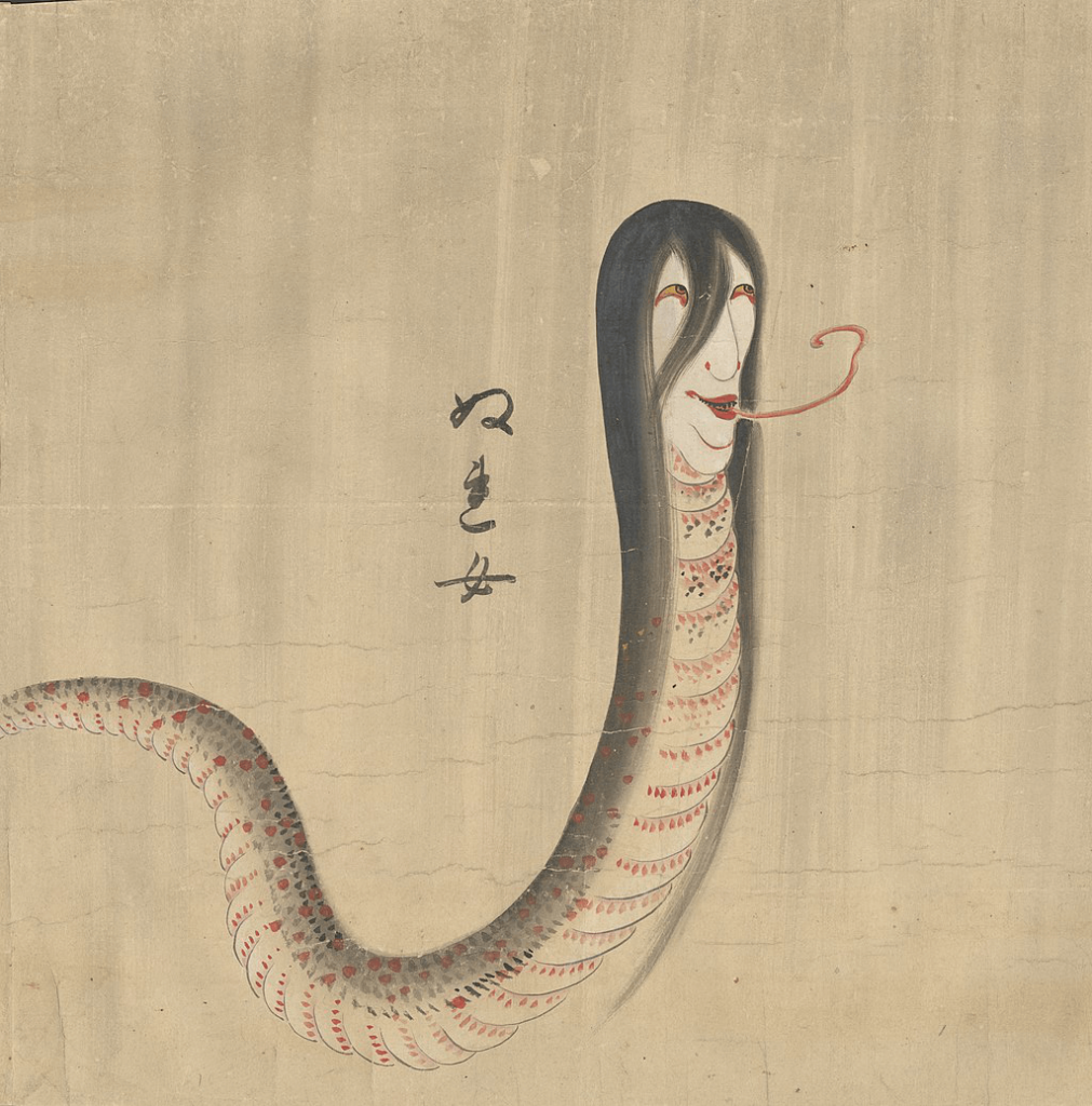 A painting of nure-onna. She is a reptile-like woman, similar to the Gorgon.