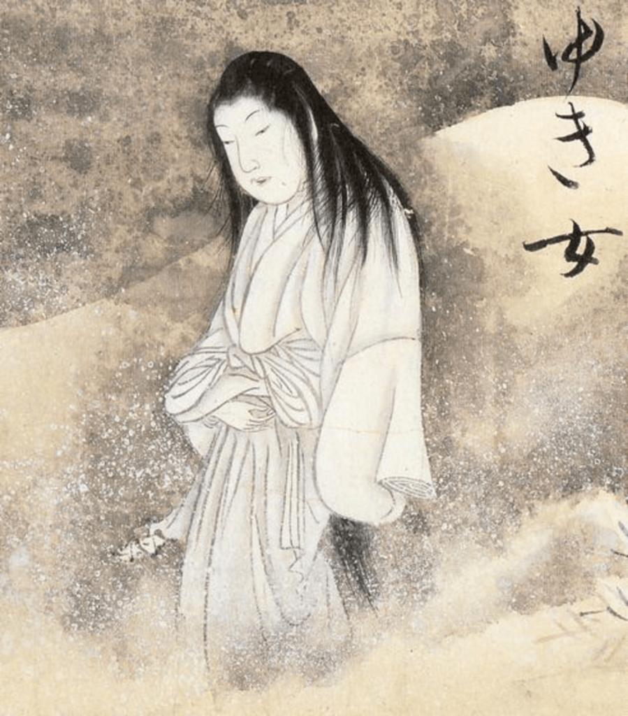 A historical painting of yuki-onna, one of many famous female yokai of Japan. She is very pale, with long black hair.