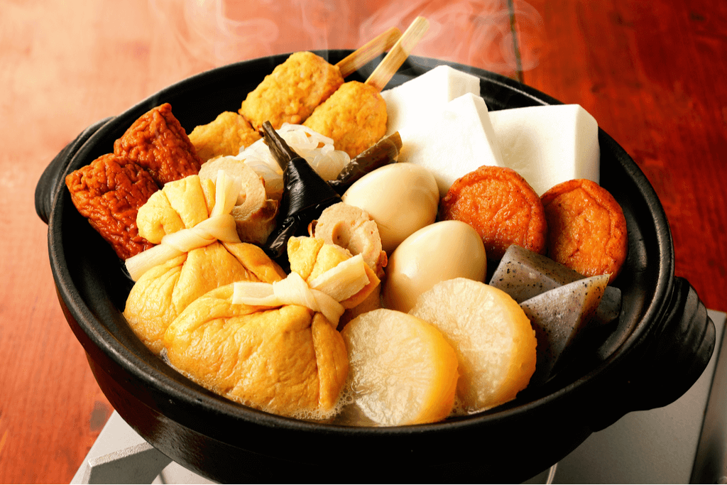 A pot of simmering oden, which featured tofu, konjac and many other vegetables.