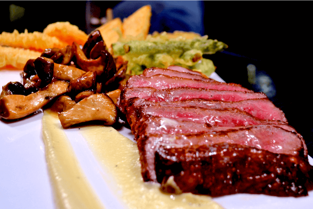 A platter of A% Miyazaki Wagyu beef steak.