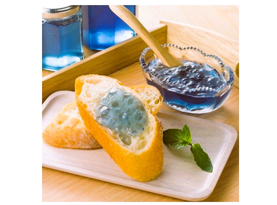 Some blue Japanese apple jam on bread.