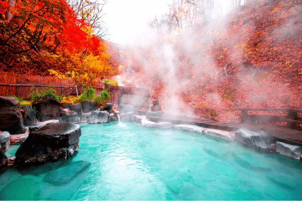A snapshot of onsen in the fall. The water is blue and the leaves are red.