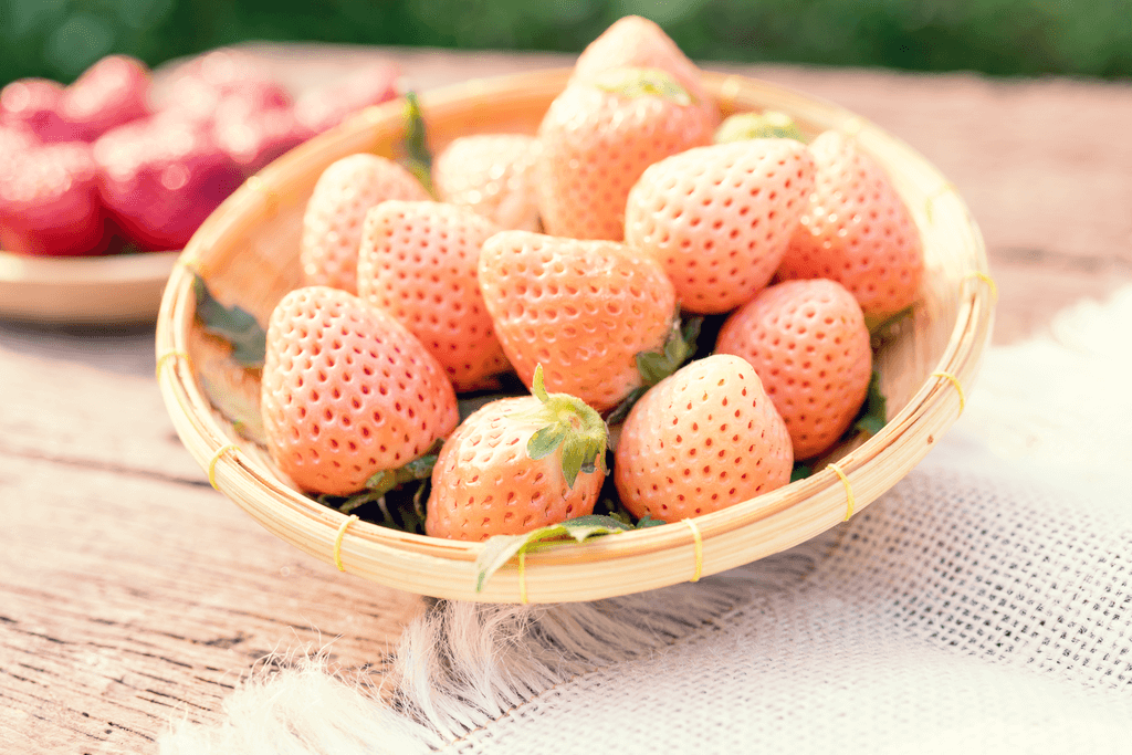 A basket featuring a fruit--the white strawberry.