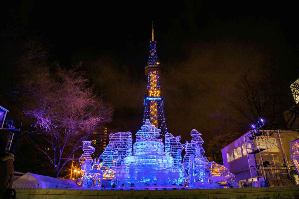 An ice sculpture in the shape of Sapporo Tower at the Sapporo Snow Festival, a Japanese winter festival.