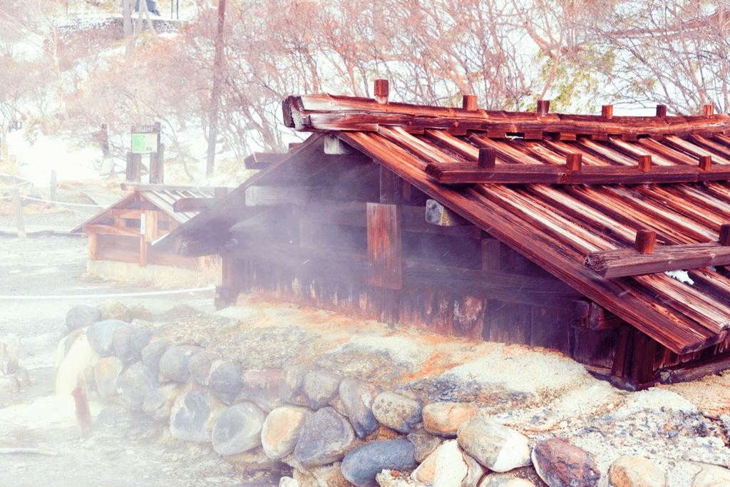 A shot of hot springs in the winter, specifically Yumoto Onsen.