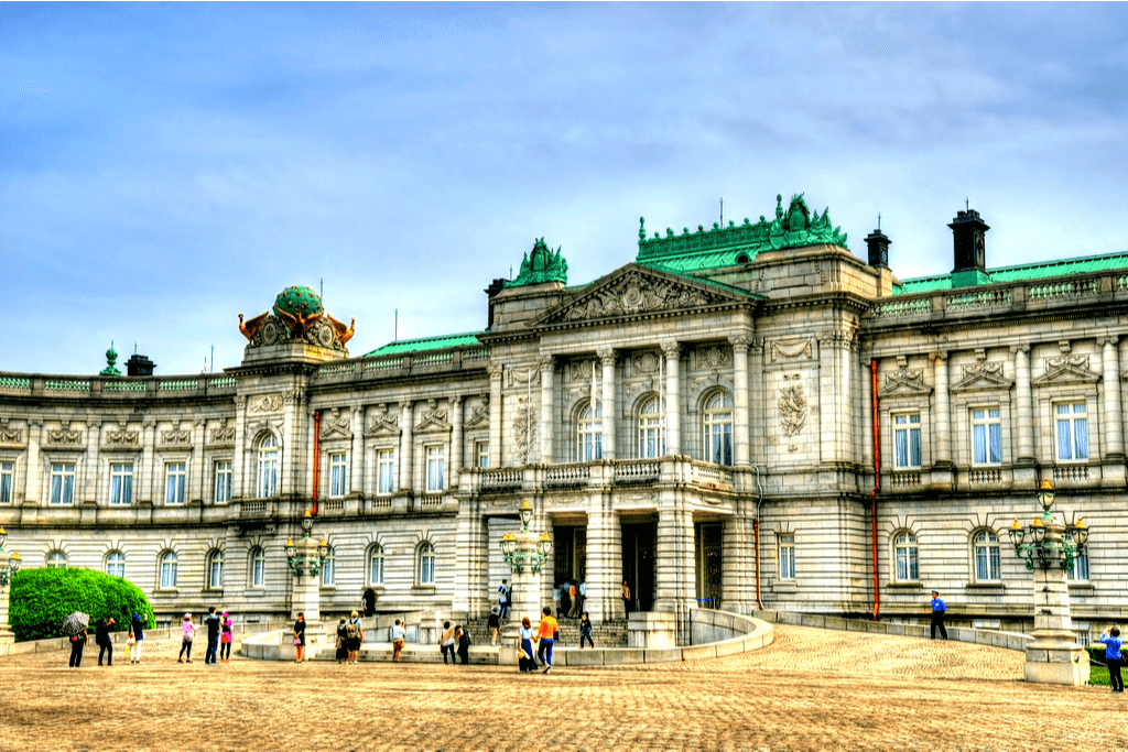 The exterior of Akasaka Palace in near downtown Tokyo. It was built in a common European style.