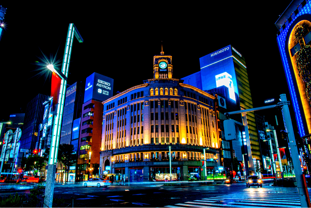 A shot of the Wako Department Store in Ginza, which is emblematic of the traditional Japanese Tokyo lifestyle.