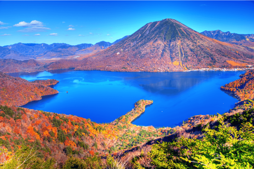An aerial shot of Lake Chuzenji and Mt. Nantai in Nikoo.
