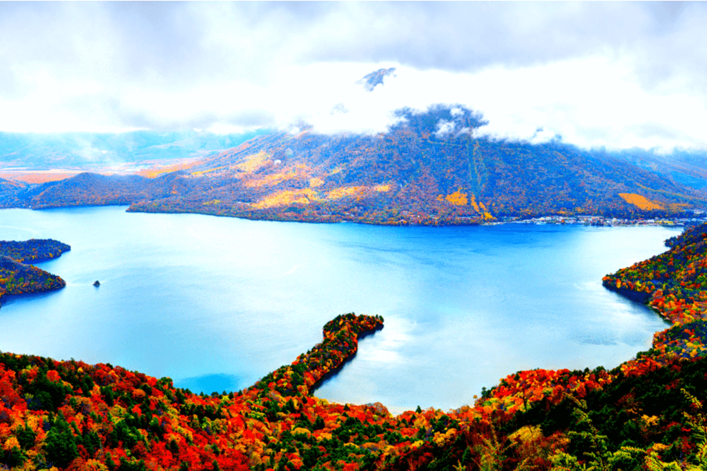 An eagle eye shot of Lake Chuzenji, a nature wonder in Tochigi Prefecture.
