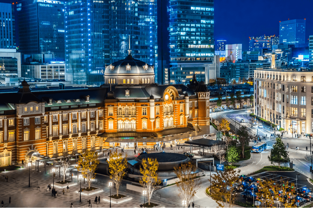 Aerial shot of Tokyo Station in the Marunouchi area. It is an elegant symbol of the traditional Japanese Tokyo lifestyle.