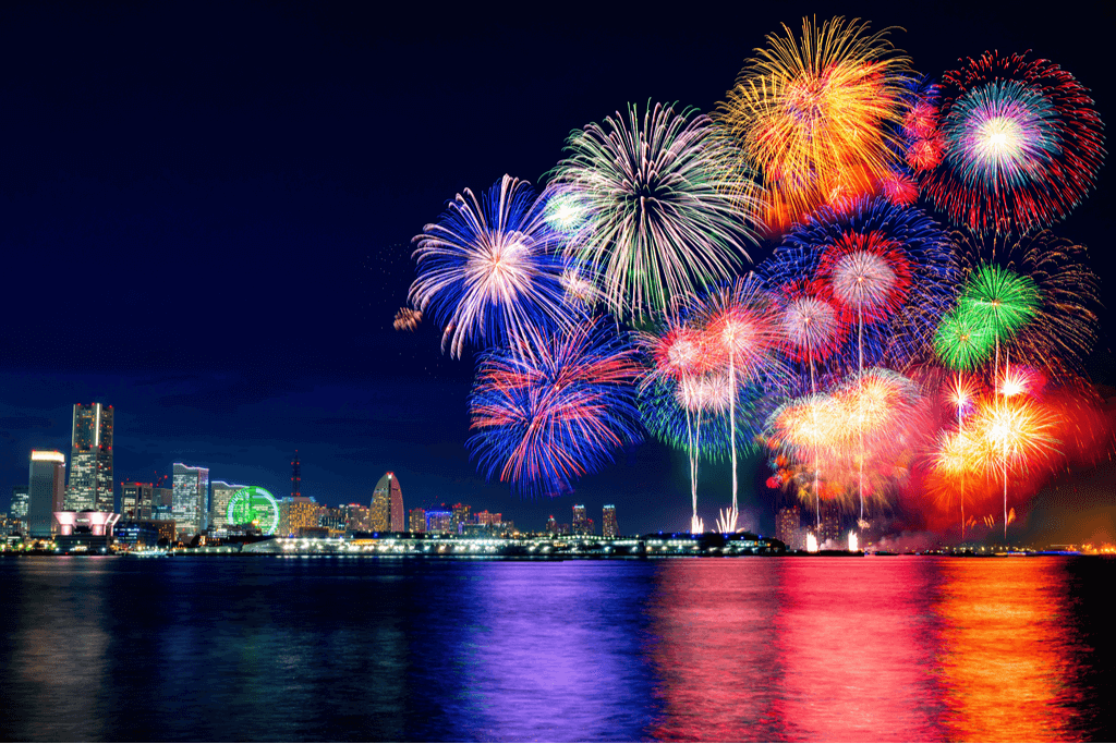 A bunch of colorful fireworks at a festival, one of the best of Yokohama's events.